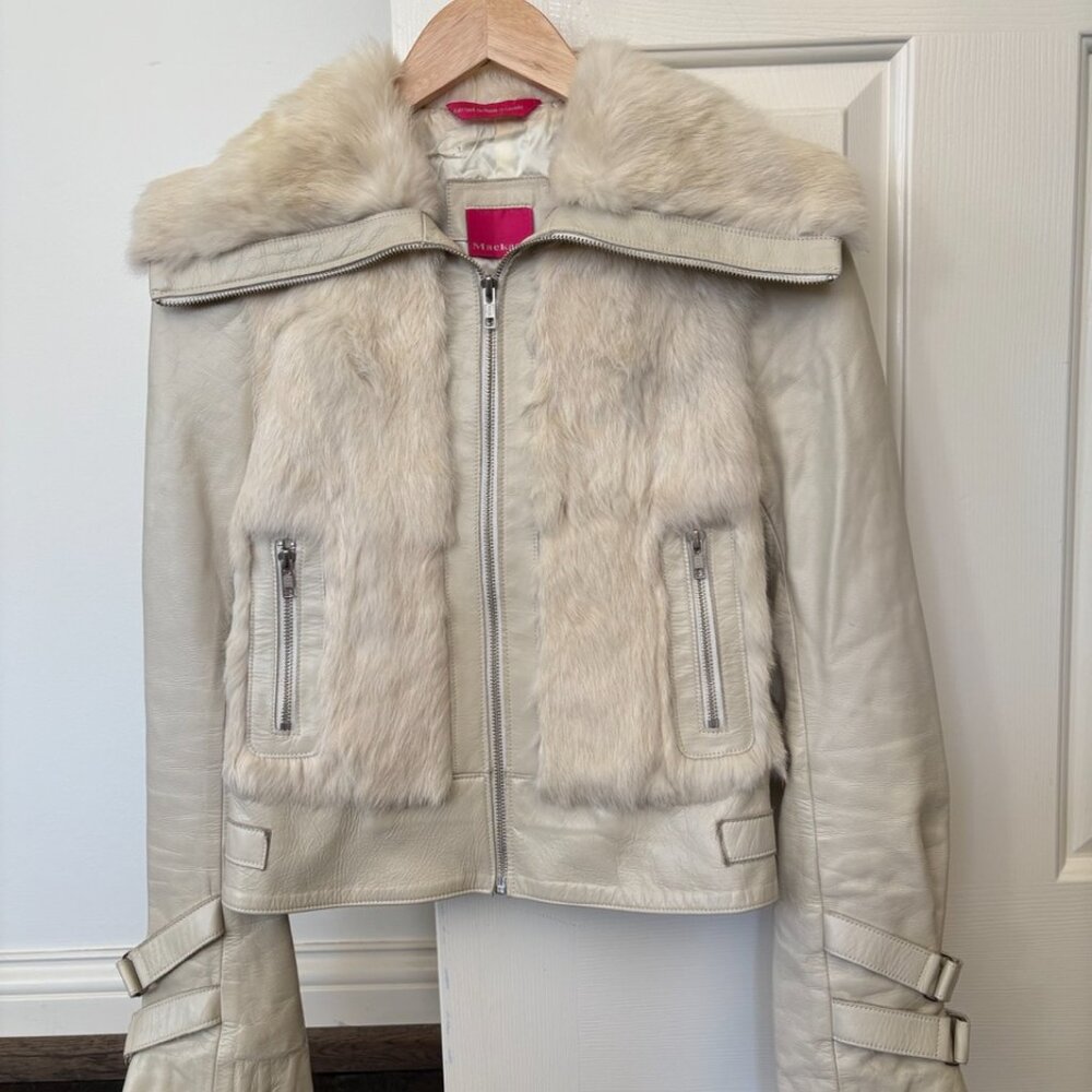 Vintage Y2K Mackage White Leather & Rabbit Fur Moto Jacket Womens XS